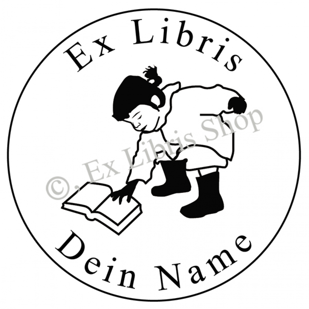 Round exlibris stamp •Girl with book•
